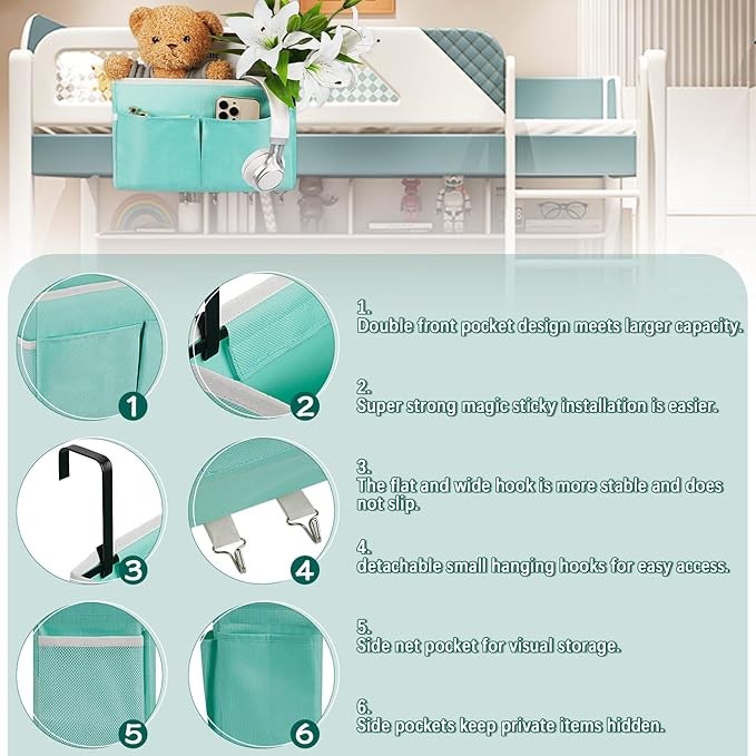 Bedside Storage Organizer 5 Pockets with 4 Hooks Hanging Storage Bag for Headboards/Bunk Bed (Light Green)