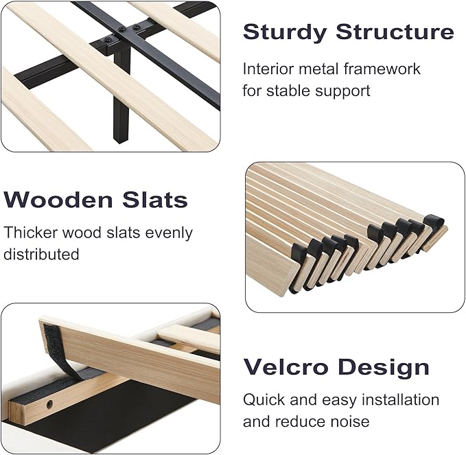 King Platform Bed Frame, Velvet Upholstered Bedframe with Vertical Channel Adjustable Headboard, Golden Plating Trim, Mattress Foundation with Wooden Slats, No Box Spring Needed, Beige