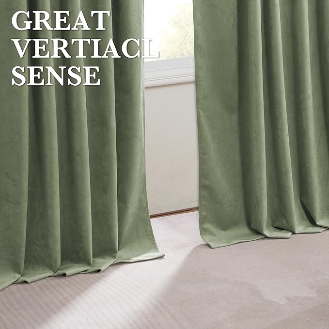 RYB HOME Blackout Velvet Curtains 108 inches Long, Total Light Blocking Room Darkening Thermal Insulated Back Tab Curtains for Nursery Bedroom, Sage Green, 52W x 108L, 2 Panels
