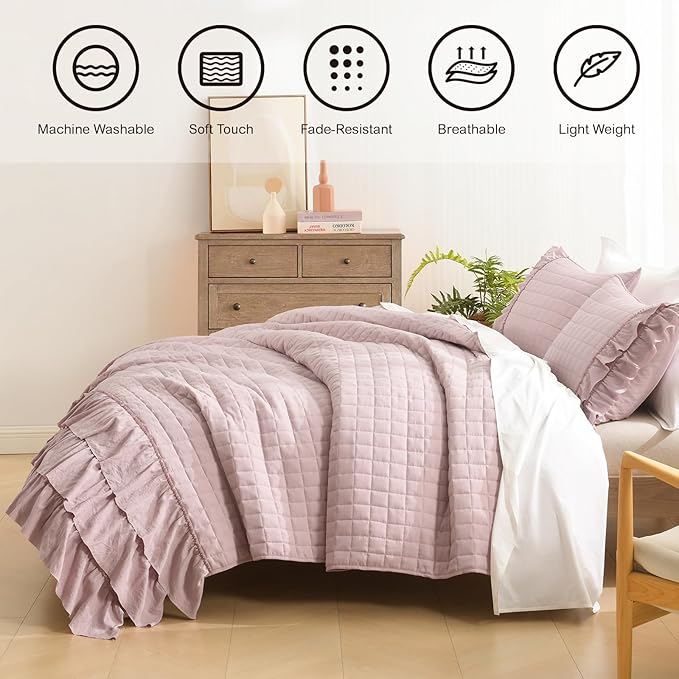 HORIMOTE HOME Dusty Pink Ruffled Quilt Set Twin Size, Classic Geometric Square Stitched Pattern, Pre-Washed Farmhouse Shabby Chic Microfiber Lightweight Bedding Set Bedspread Coverlet for All Season