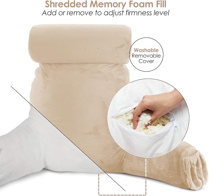 Nestl Reading Pillow with Shredded Memory Foam Includes 2 Neck and Lumber Support Pillows, Designed for Sitting Up in Bed and Couch, Back and Arms Adjustable Support for Adult & Teens, Beige Cream
