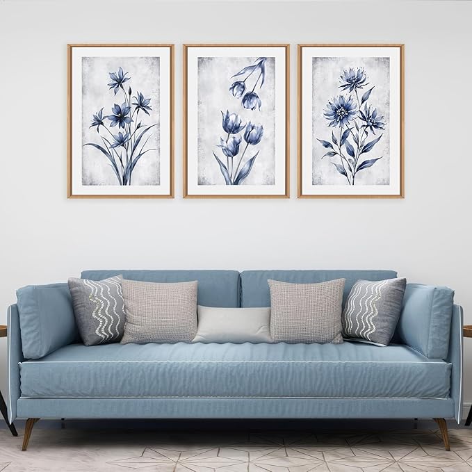 LHIUEM Navy Blue and Grey Flower Framed Canvas Wall Art Set,Modern Botanical Plant Wall Decor,Neutral Wildflower Painting,Watercolor Aesthetic Floral Artwork for Living Room,Bedroom,Office-16''x24''x3