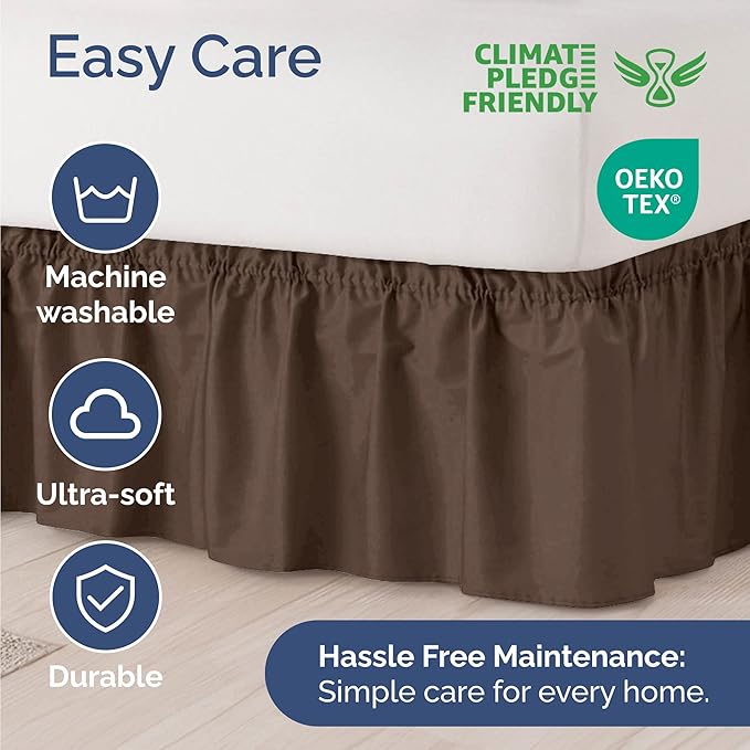 Wrap Around Dust Ruffle Bed Skirt - Brown - for Full Size Beds with 24 Inch Drop - Easy Fit Elastic Strap - Adjustable Pleated Bedskirt w/Brushed Fabric - Wrinkle Free - for Women, Men, Kids & Teens