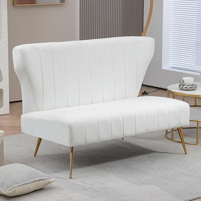 50’’ Armless Loveseat Sofa, Comfy Upholstered Velet Small Couch Sofa with Gold Legs, 2 Seater Tufted Modern Couch for Living Room, Bedroom, Apartment Small Space (White)
