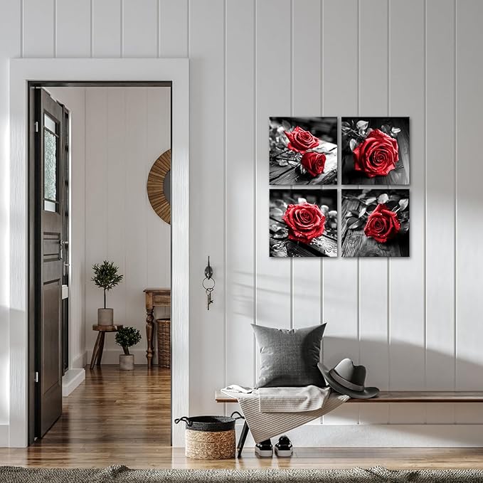 VANSEEING 4 Pieces Red and Black Rose Flower Canvas Wall Art Floral Pictures Prints Modern Romantic Artwork Wall Decor for Valentine's Day Living Room Bedroom 12x12inchx4Pcs