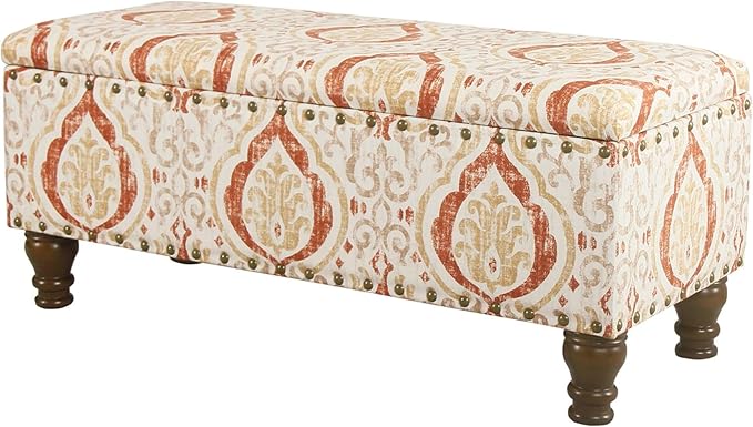 HomePop Large Storage Bench with Nailhead Trim -Orange and Cream Medallion