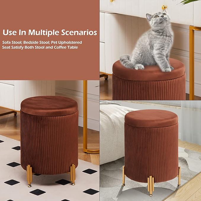 Mxfurhawa Round Ottoman Foot Stool with Storage and Metal Legs for Living Room Bedroom, Velvet Upholstered Footrest Stool Support 300lbs Modern Padded Seat Ottoman Coffee Table (Caramel)