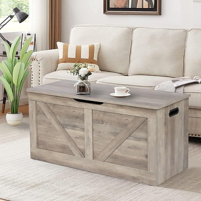 Timberer 39.4" Storage Chest, Wooden Storage Bench, Large Storage Trunk with 2 Safety Hinges, Entryway Shoes Bench for Living Room, Bedroom, Grey