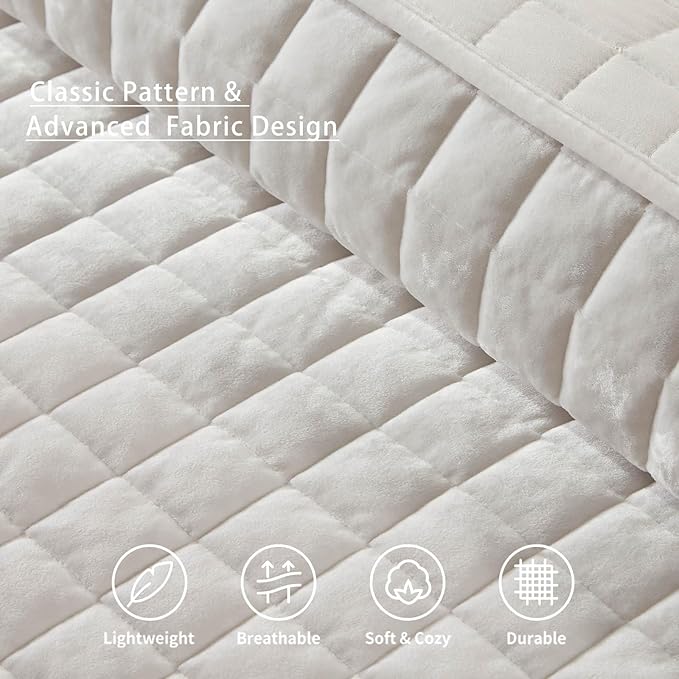 LEAONME Velvet Quilt King Size-98''x106'', Lightweight White Velvet Comforter Set with 2 Pillow Shams, Soft Bedspread Coverlet Quilted Bedding Set for All Season
