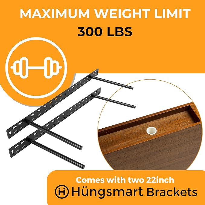 HÜNGSMART 60 Inch Wooden Floating Shelf – Supports 300lbs - Engineered Wood 5 Foot Long –Walnut Finish with Stainless Steel Insert– Includes Laser Welded Precision Wall Bracket (60 x 11 13/16 inches)