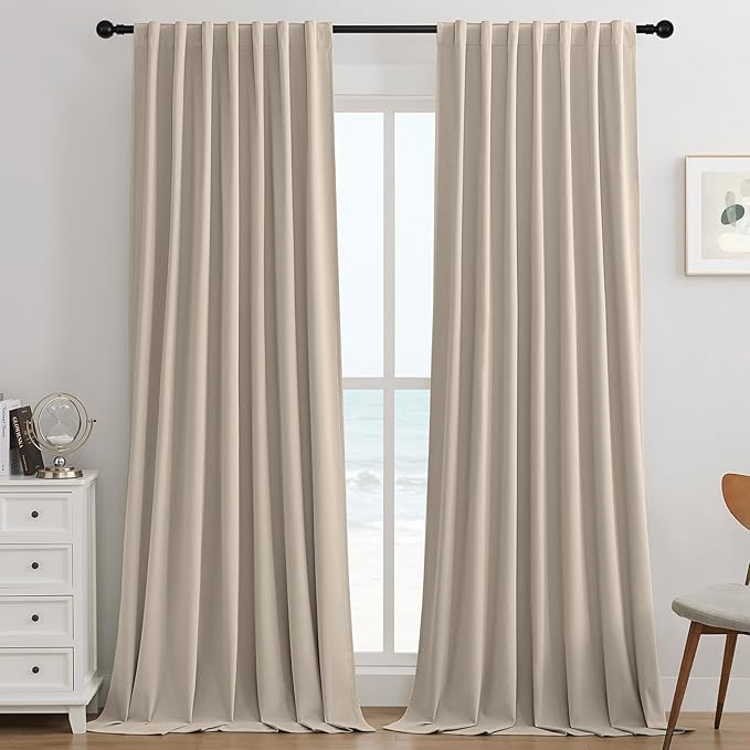 Joydeco Light Beige 100% Blackout Curtains 102 Inch 2 Panels, Luxury Thermal Light Beige Velvet Curtains for Bedroom Living Room, Soundproof Blackout Window Drapes, Rod Pocket & Back Tab (52W x 102L)