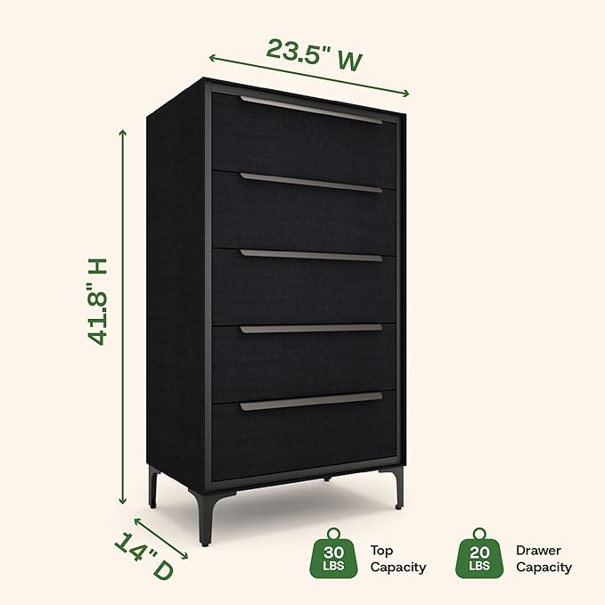 tinge Naima Premium Fabric Dresser - Strong Metal Frame, 5 Spacious Sag-Proof Drawers with Sleek Metal Handles - Premium & Durable Storage Solution for Your Home (Black)