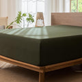 MooMee Fitted Bottom Sheet Only 100% Washed Cotton Linen Like Textured Breathable Durable Soft Comfy Deep Pocket Fits Mattress up to 17" (Olive Green, Queen)