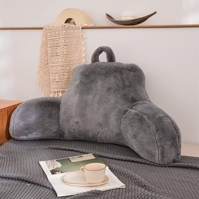 Holawakaka Large Reading Pillow for Sitting up in Bed Sofa Kids Teens, Backrest Pillow with Arms for Boys Girls Women Petites Pregnancy, Back Support Cushion for Couch Floor Nursery Playroom (Grey)