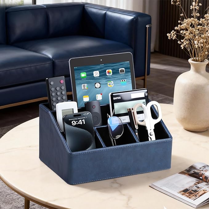 MEIBOOCH PU Leather Desk Organizer, Luxury Remote Control Holder for Home, Office Desk Accessories Table Caddy Bedside Nightstand Organizer (Dark Blue)