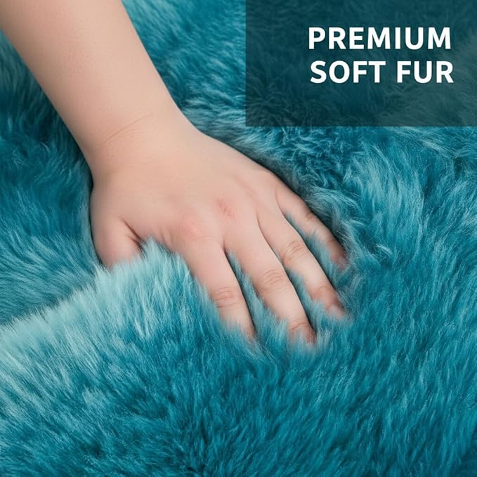 Premium Genuine Sheepskin Rug 2' x 6' Long Fur Soft & Natural Bedside Area Rug, Beach Blue, Double Pelt