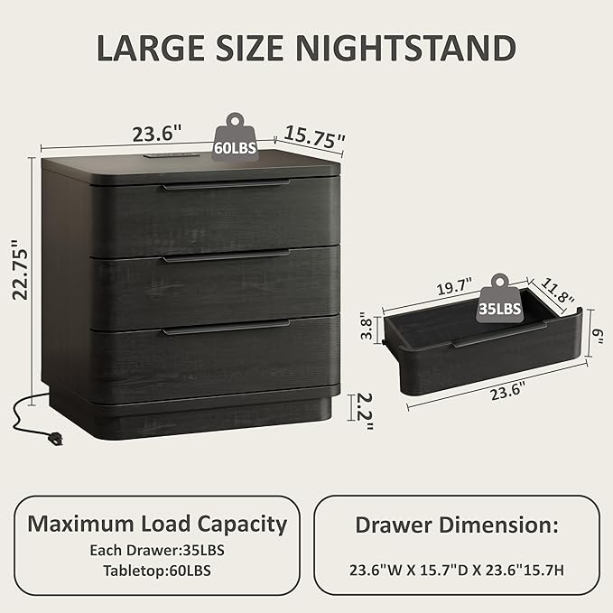 Black Nightstands Set of 2, Bedside Table with 3 Storage Drawers, 24" Tall Wood Night Stand with Charging Station, Modern Wide End Table Side Table W/Metal Handle Curved Profile for Bedroom