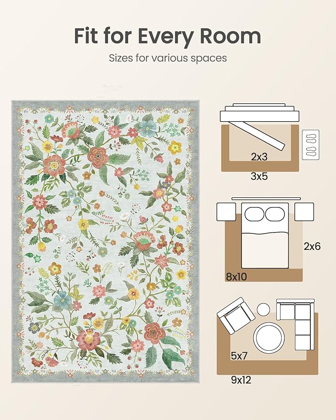 Amada 2x6 Washable Runner Rug, Non-Slip & Low-Profile Kitchen Area Rug with Durable Edge Binding, Boho Floral Pattern, Soft Long Entryway Runner Rugs for Bedroom & Hallway