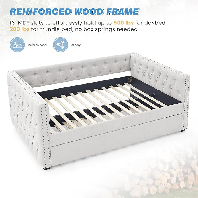 Antetek Daybed with Trundle, Modern Upholstered Full Size Button-Tufted Sofa Bed Frame with A Roll-Out Trundle, No Box Spring Needed, Furniture for Bedroom Living Room Guest Room (Beige, Full)
