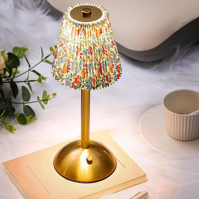 Liliful 2 Pcs Cordless Table Lamp Rechargeable Touch LED Small Gold Portable Battery Operated USB-c Desk Lamp 3 Color Dimmable for Bedroom Living Room Dining (Gold,Floral Style)