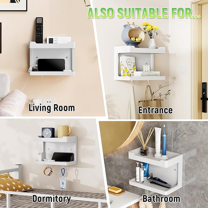 NiHome Large Wall Mounted Wooden Bedside Organizer, Double Storage Shelves & Magnetic Hooks, Solid Wood Bedside Shelf for Phone Glasses Remote Keys, Space-Saving Wall Rack for Bedroom RV Dorm (White)