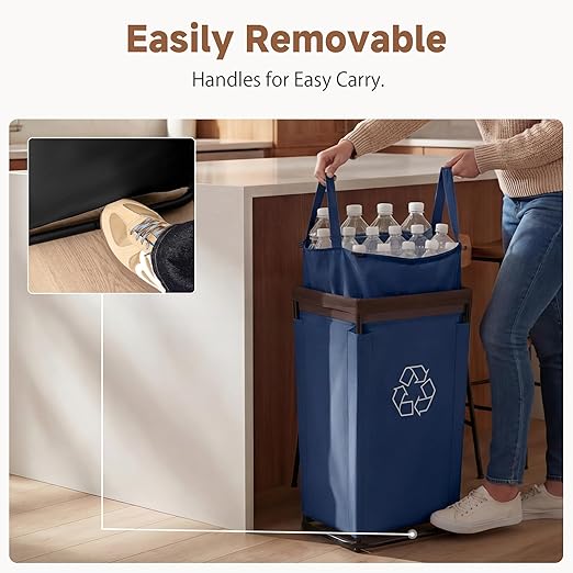 StorageWorks Recycling Bin with Lid, 29Gal Large Recycling Bin for Kitchen, Indoor Recycling Bins with 2 Reusable Washable Bags for Bottles and Cans, Steel Frame Fabric Sorter, 110L, Blue