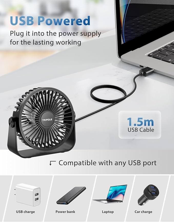 TriPole USB Desk Fan Portable Mini Fan Powerful 3 Speeds Wind Personal Desktop Fan with 360° Head Rotation for Home Office Car Indoor Outdoor 2 Pack Black, No Battery, 4.5 Inches