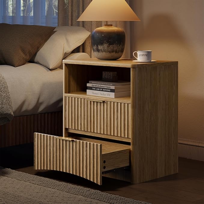 Evermagin Fluted Nightstand with Charging Station, Natural Oak Bedside Table with 2 Drawers, Wood End Table with Storage Mid Century Modern, Large Night Stand for Bedroom