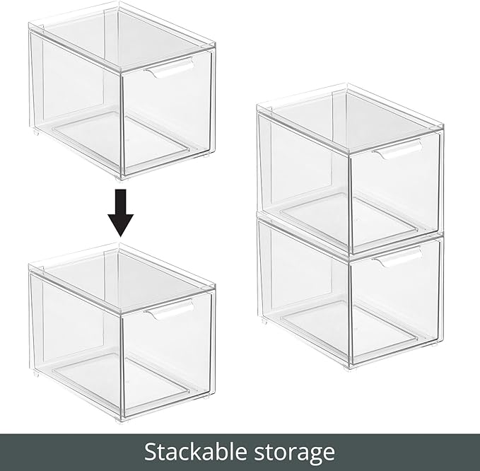 mDesign Plastic Closet Organizer Bin w/Pull Out Drawer - Slim Stackable Storage for Closet - Organization for Accessories, Bags, Totes, Small Linens, and More - Lumiere Collection - 2 Pack - Clear