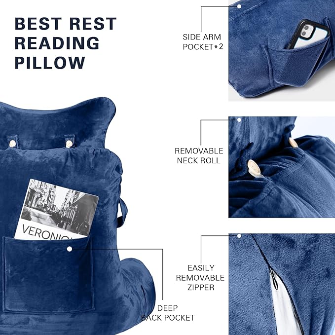 SLIGUY Reading Pillow-Bed Rest Pillow with Detachable Neck Roll & Higher Support Arm for Sitting in Bed Couch or Floor-Backrest Reading Pillow Adult Back Pillow for Reading/Watching TV/Gaming,Blue