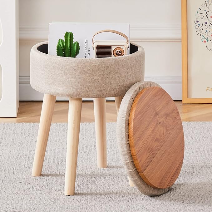 Mxfurhawa Storage Ottoman Linen Round Vanity Stool Tray Top Modern Foot Stool with Wood Legs Multifunctional Upholstered Foot Ottoman Rest for Living Room, Bathroom, Makeup (Khaki)