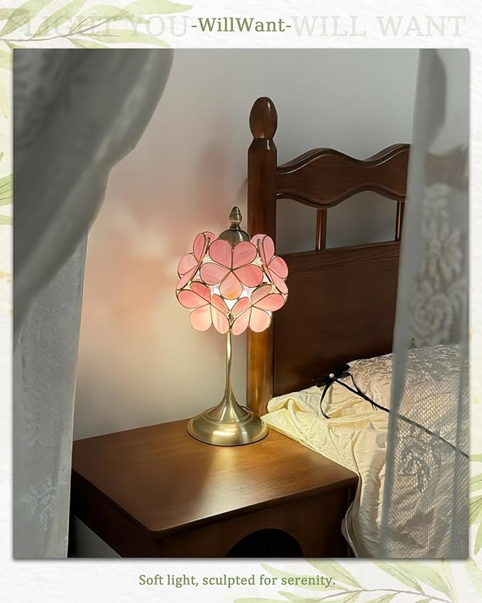 Tiffany Style Flower Table Lamp, Vintage Cherry Blossom Stained Glass Lamp with Brass Base for Bedroom Bedside Home Decor, Blush Coral (Pink)