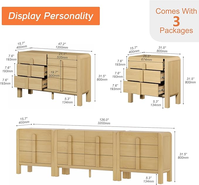 WAMPAT 3 Piece Bedroom Dresser Set, 110.2" Wide Mid Century Modern Chest of Drawers with Curved Handles, Dresser TV Stand with 12 Drawers, Wood Drawer Organizer for Bedroom, Oak
