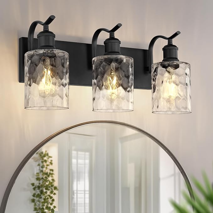 Bathroom Vanity Light Fixtures Over Mirror 3-Light Hammered Glass Wall Mounted Modern Black - VL01BKH-3