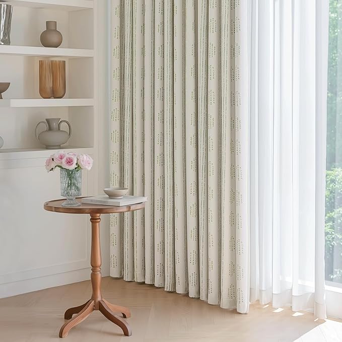 100% Boho Blackout Curtains 90 Inches Long for Bedroom, Green on Beige Patterned Bohemian Curtains for Living Room, Geometric Striped Thermal Insulated Window Drapes Gromment Top 2 Panels