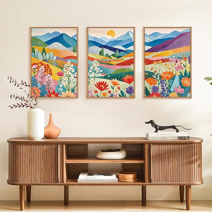 LHIUEM Large Abstract Mountain Flower Framed Canvas Wall Art,Colorful Watercolor Boho Wall Decor,Nature Floral Tree Wall Painting,Bohemian Artwork for Living Room,Bedroom,Dining Room,Office -16"x24"x3
