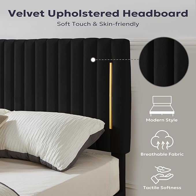 Full Platform Bed Frame, Velvet Upholstered Bedframe with Vertical Channel Adjustable Headboard, Golden Plating Trim, Mattress Foundation with Wooden Slats, No Box Spring Needed, Black