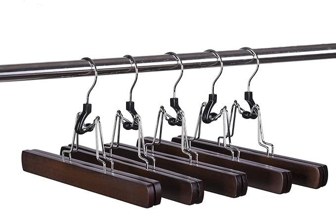 Amber Home Wooden Pants Clip Hangers 10 Pack, Skirt Hangers with Non Slip Padded Velvet, Smooth Finish Solid Wood Jeans/Slack Hanger，Clamp Hangers in Antique Color