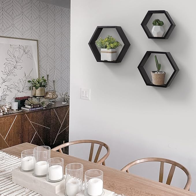 AHDECOR Wall Mounted Hexagon Floating Shelves, Wooden Wall Organizer Hanging Shelf for Home Decor, Set of 3, Black