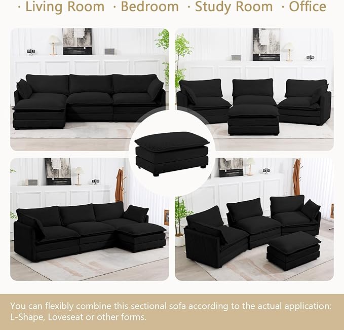 112'' Sectional Modular Cloud Couch, Oversized L Shaped 3 Seat Sofa with Movable Ottomans, 2 Throw Pillows, Upholstered Corduroy L Shape Comfy Deep Couches for Living Room and Office, Black