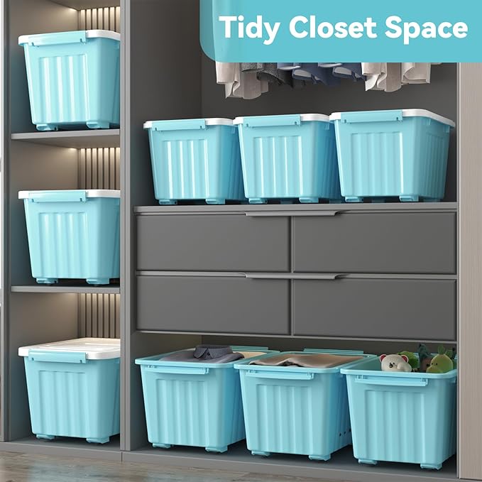 Nazhura 97 Quart Plastic Storage Bin, Stackable and Nestable Storage Boxes with White Lids and Secure Latching Buckles, Large Storage Container (Blue, 97Quart-6Pack)