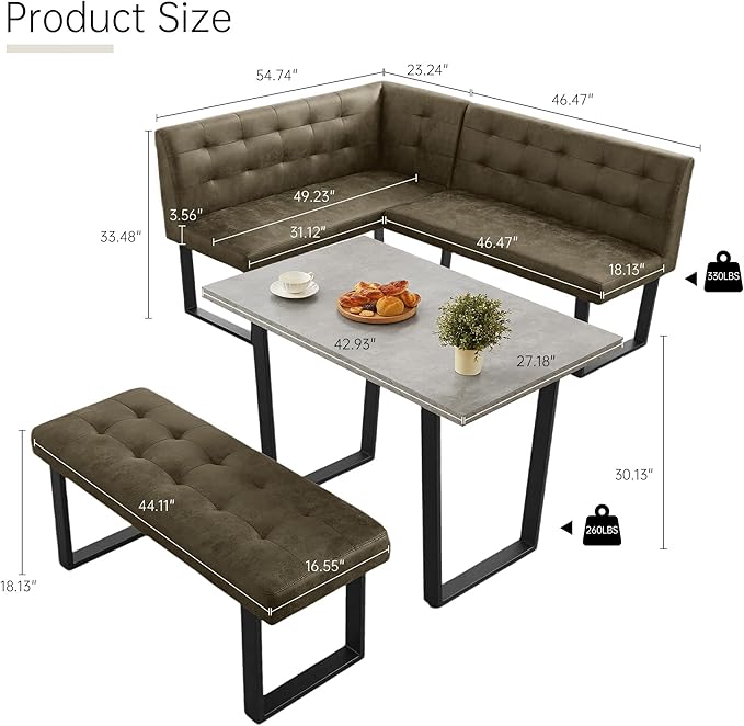 3-Piece Corner Dining Table Set with Bench, 70 Inch Space-Saving Breakfast Nook for Kitchen & Dining Room(Grey Table+Right Seat Brown Bench)