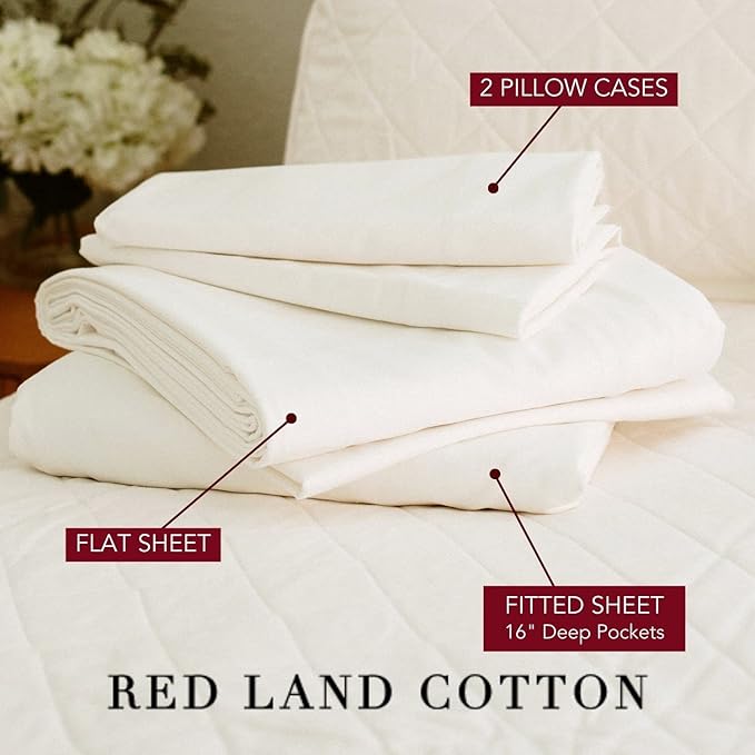 Red Land Cotton Luxury Sheet Set | 100% American Grown Cotton Basics | Premium Hotel Ultra-Soft Lightweight 4 Piece USA Made Deep Fitted Flat Sheet & Pillowcases Percale Weave (Split King/Natural)