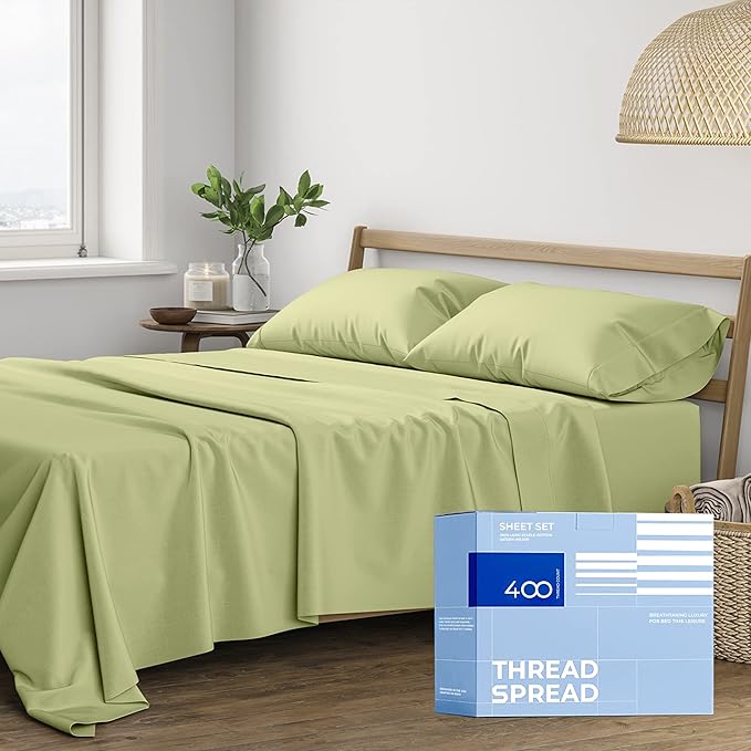 THREAD SPREAD Cotton Full Size Sheet Sets - 400 Thread Count 4 PC 100% Cotton Bed Sheets, 16” Deep Pocket Full Size Sheets Cotton, Soft, Sateen Cooling Full Sheet Set, Luxury Hotel Sheets (Sage Green)