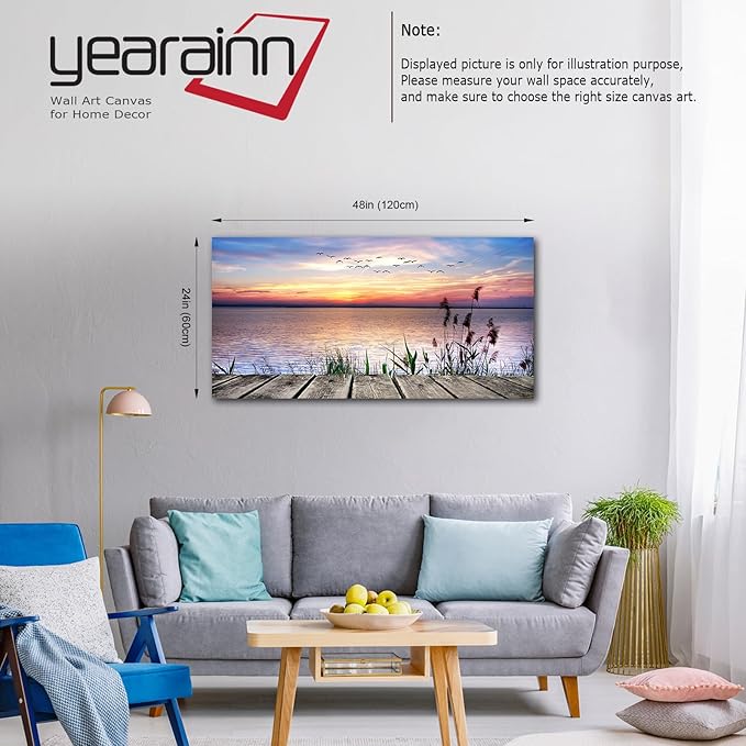 Canvas Wall Art Lake Dock Sunset Scenery Flying Birds Picture Large Beach Sunset Landscape Canvas Artwork Contemporary Nature Pictures for Living Room Bedroom Home Office Kitchen Wall Decor 24" x 48"