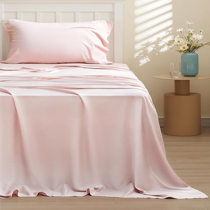 Bedsure Cooling Sheets Twin, Rayon Derived from Bamboo, Breathable & Soft Twin Sheets Set, Deep Pocket Up to 16 Inches, Hotel Luxury Silky Bedding for Hot Sleepers, Pink