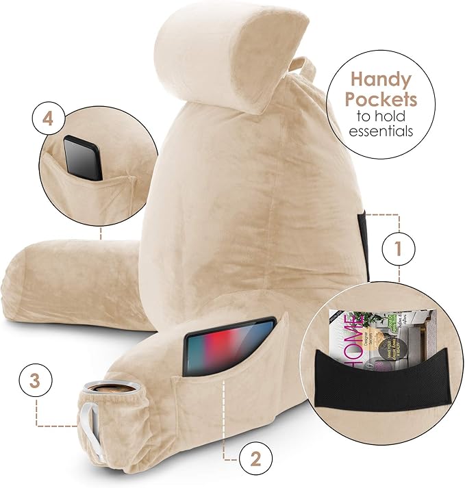 Nestl Reading Pillow with Shredded Memory Foam Includes 2 Neck and Lumber Support Pillows, Designed for Sitting Up in Bed and Couch, Back and Arms Adjustable Support for Adult & Teens, Beige Cream