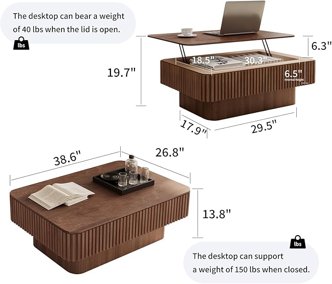 LKTART Lift Top Coffee Table for Living Room, Accent Fluted Coffee Table with Storage, Modern Solid Wood Veneered Rectangle Center Tea Table for Small Space Apartment (38.6''D×14''H-Walnut)