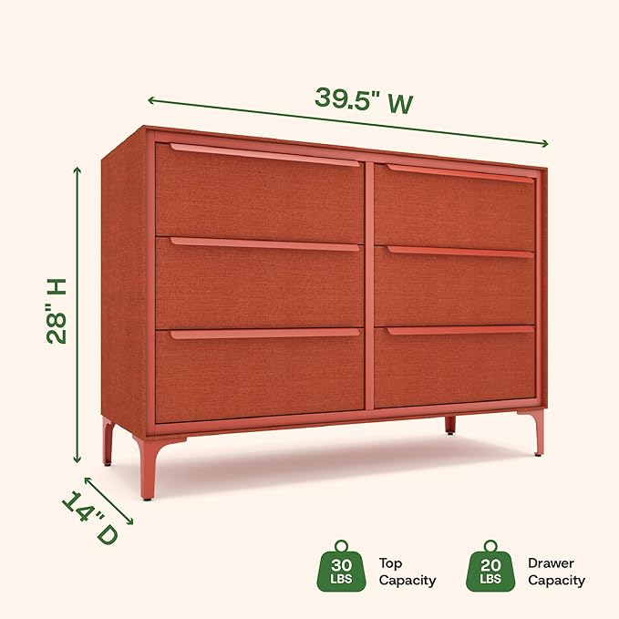 Naima Premium Fabric Dresser - Strong Metal Frame, 6 Spacious Sag-Proof Drawers with Sleek Metal Handles - Premium & Durable Storage Solution for Your Home (Orange)