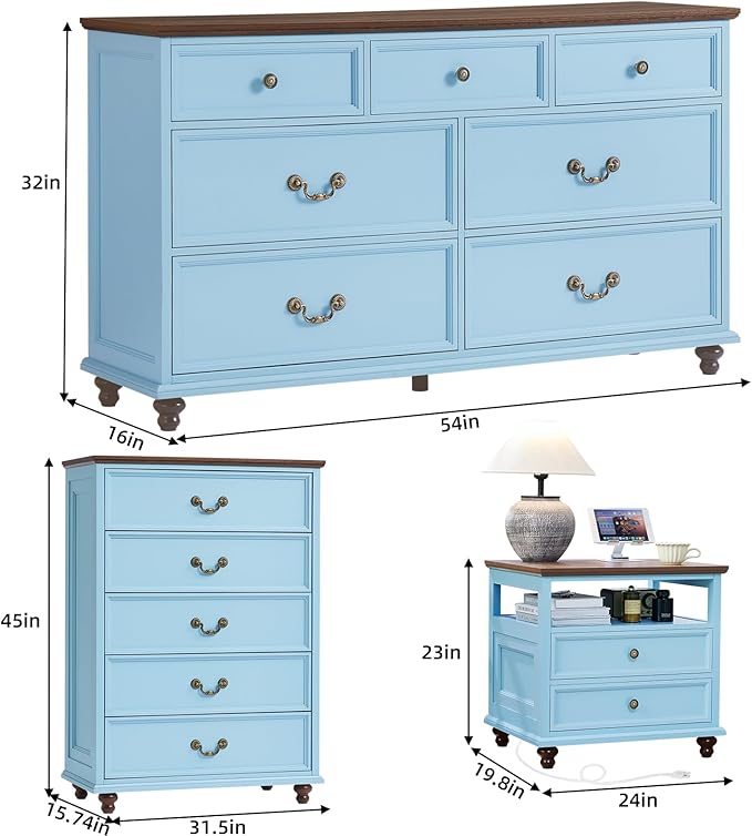 24" Wide Farmhouse Nightstand with Charging Station Set of 2, 54" 7 Drawers Dresser, 45" Tall Rustic Chests of 5 Drawers, Farmhouse Furniture Series for Bedroom,LightBlue